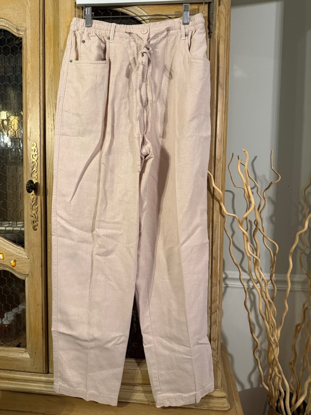 Vintage Cotton Linen Light Pink Drawstring Casual Pants